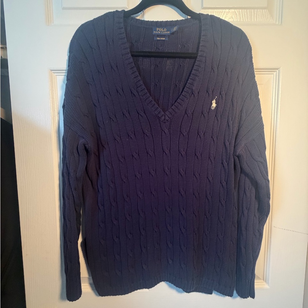 Ralph Lauren Men's Navy Cable V-Neck Sweater with Pony Logo